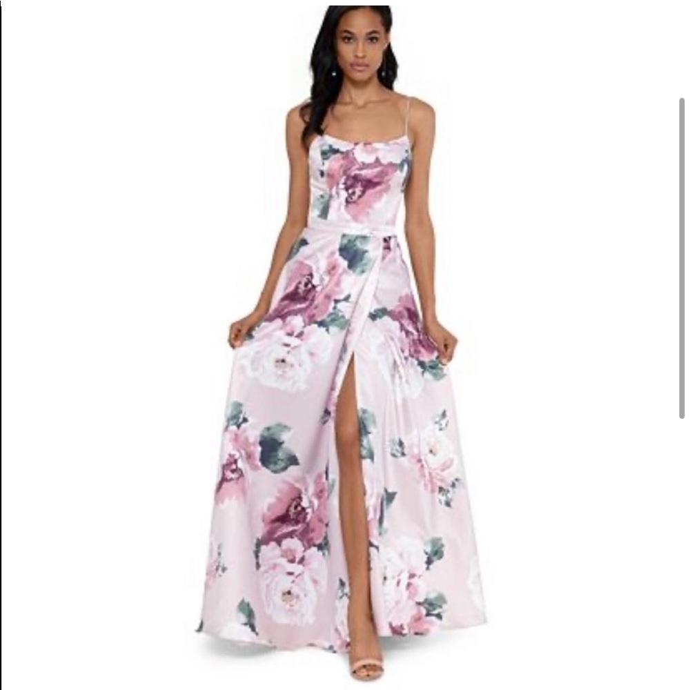 Xscape Floral Print Satin Gown